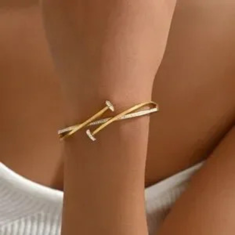 Gold Plated Stainless Steel CZ Screw Head Geometric Bracelet